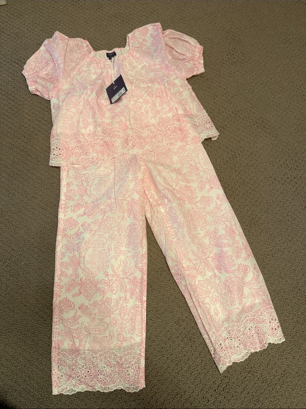 Roller Rabbit Pink Floral Lace-Trim Girls Pajama Set